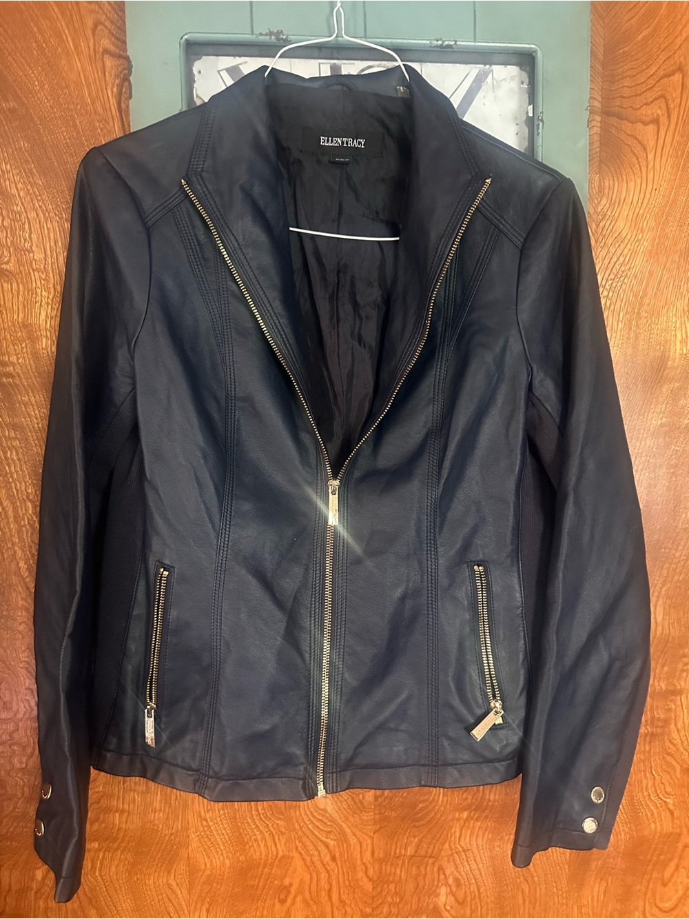 Ellen Tracy Midnight Navy Faux Leather Zip Jacket